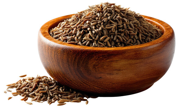 Cumin in Wooden Bowl: A close-up shot of a wooden bowl filled with cumin seeds, some spilled over the edge, creating a visually appealing texture and warm tones. 