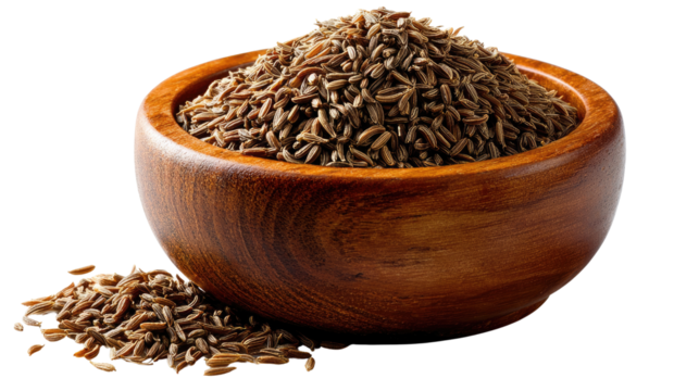 Cumin in Wooden Bowl: A close-up shot of a wooden bowl filled with cumin seeds, some spilled over the edge, creating a visually appealing texture and warm tones. 