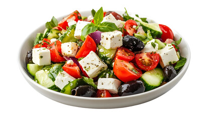 A vibrant greek salad in a white bowl featuring feta cheese tomatoes cucumbers and olives closeup view