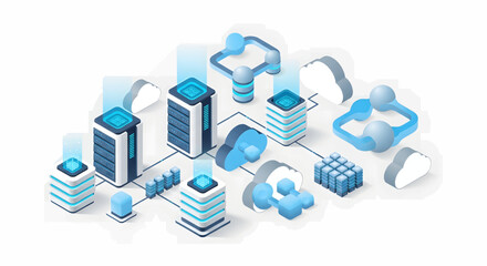 Isometric illustration of a data center network with servers and cloud computing elements.