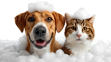 A Fun Bathtime: A playful cat and dog enjoy a bubbly bath, surrounded by fluffy suds. Capturing their joy and the freshness of the moment.