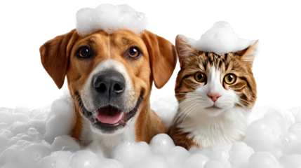 A Fun Bathtime: A playful cat and dog enjoy a bubbly bath, surrounded by fluffy suds. Capturing their joy and the freshness of the moment.