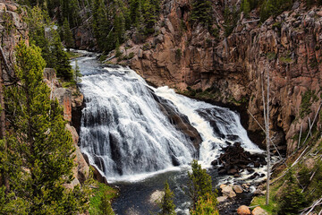 Gibbon Falls in the Spring from the Overlook in Yellowstone National Park in Wyoming.