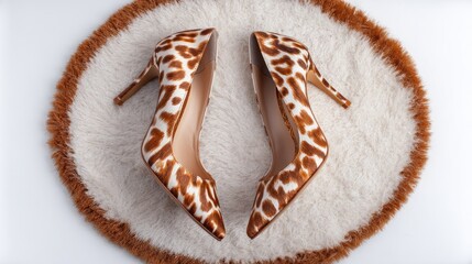 Pair of stylish leopard print high heels on a fluffy, textured rug, with a white background and soft lighting.