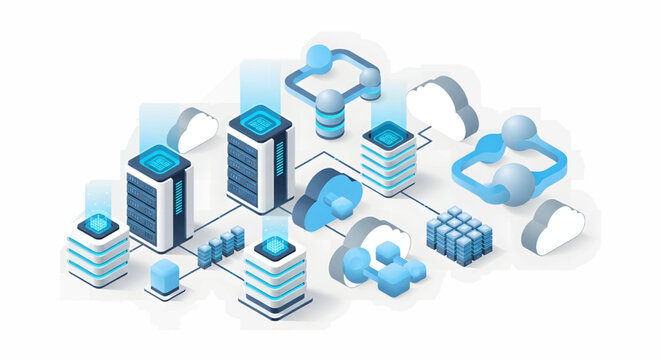 Isometric illustration of a data center network with servers and cloud computing elements. - Powered by Adobe