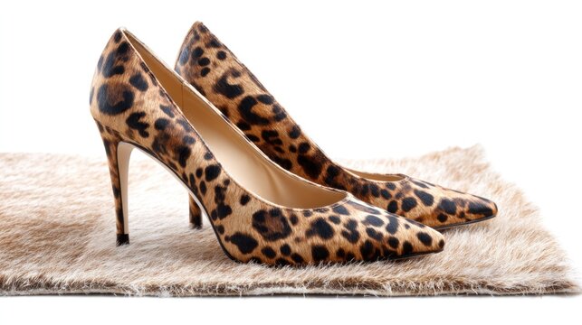 Two leopard print high-heeled shoes on a fur rug, one on top of the other, on a white background with a soft shadow.