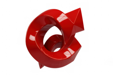 Red glossy 3d arrow forming a circular loop, symbolizing refresh, redo, and continuous cycle on transparent background