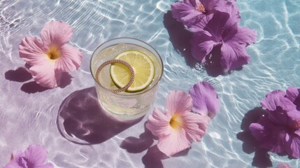A glass of water with lemon slices and flowers floating in a pool of water.