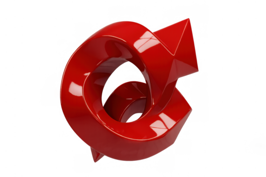 Red glossy 3d arrow forming a circular loop, symbolizing refresh, redo, and continuous cycle on transparent background