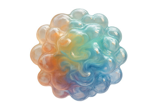 Abstract fluid blob with iridescent colors and a glossy viscous texture on a transparent background