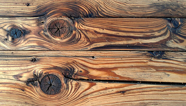 Weathered wooden planking with swirling grain patterns and prominent dark knots, showcasing a natural aged texture and rustic timber surface, ideal for backgrounds
