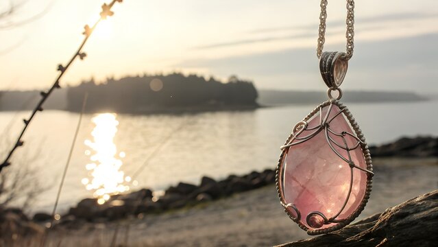 A rose quartz crystal pendant shaped like a petal warm pink hue reflecting soft sunlight gentle blur background calm afternoon glow modern minimal jewelry aesthetic