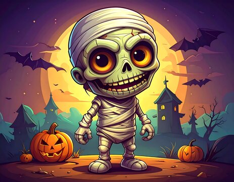 Cartoon mummy with big eyes smiles in a Halloween scene with pumpkins and bats