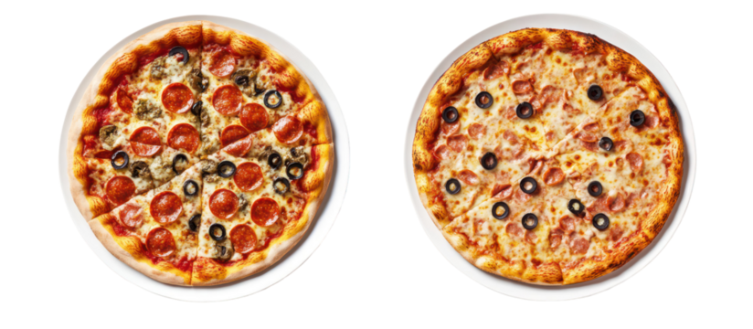 Two delicious pizzas isolated on transparent background