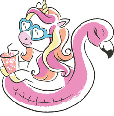 Cute Unicorn with Flamingo Float and Drink Vector Illustration