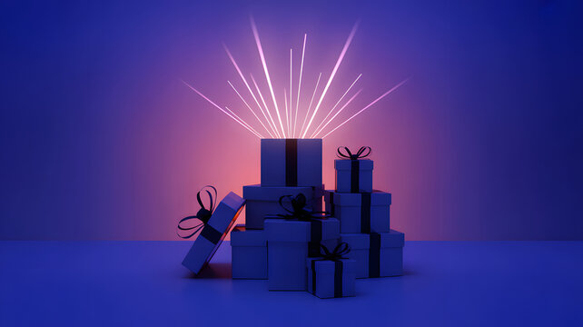 Unboxing gifts with magical light rays for christmas birthday and special occasions concept design render
