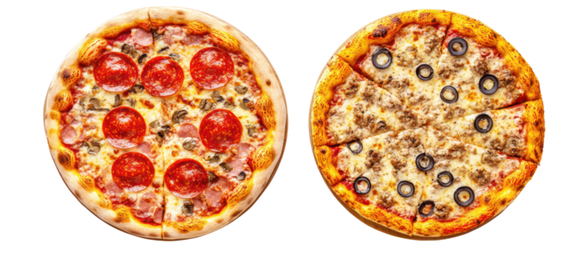 Two delicious pizzas with different toppings isolated on transparent background