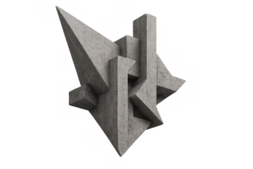 Abstract brutalist sculpture with geometric shapes, rough gray texture, presenting modern architectural art form on transparent background