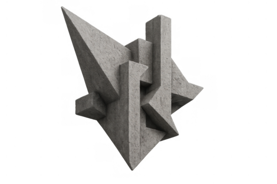 Abstract brutalist sculpture with geometric shapes, rough gray texture, presenting modern architectural art form on transparent background - Powered by Adobe