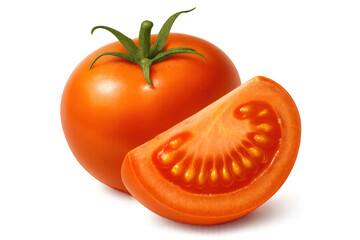 Whole fresh tomato with stem and a ripe red tomato quarter slice, raw healthy vegetable ingredient on transparent background