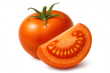 Whole fresh tomato with stem and a ripe red tomato quarter slice, raw healthy vegetable ingredient on transparent background