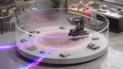Futuristic workstation with robotic arm interacting with holographic interfaces and data flow - Powered by Adobe