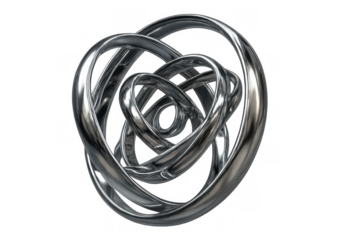 Abstract chrome metal knot sculpture with intertwining reflective shapes, representing complexity, connection, entanglement, and modernity