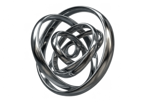 Abstract chrome metal knot sculpture with intertwining reflective shapes, representing complexity, connection, entanglement, and modernity
