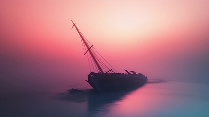 Sunken sailboat silhouette on calm ocean water during vibrant pink and purple sunset with soft atmospheric fog and reflections on the water. - Powered by Adobe