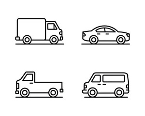 Fototapeta premium Four black vehicle icons line art truck pickup