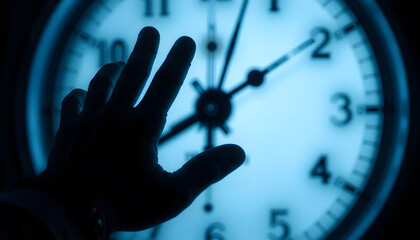 Ephemeral Moment: A hand reaches out, its shadow dances with the ticking hands of time on a clock face, a symbol of fleeting moments.