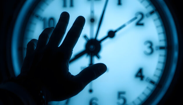 Ephemeral Moment: A hand reaches out, its shadow dances with the ticking hands of time on a clock face, a symbol of fleeting moments.