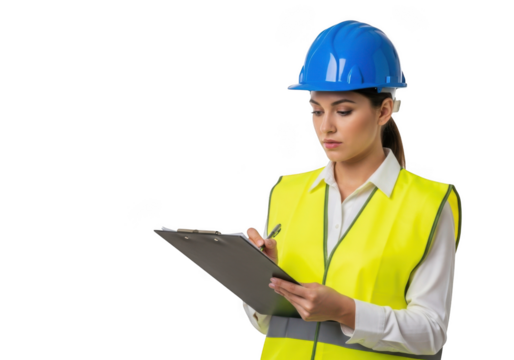 Professional woman wearing a blue hard hat and high visibility vest reviewing notes on a clipboard isolated on transparent background