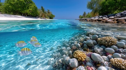 Split level underwater ocean view showing tropical fish swimming near colorful coral reef with sandy seabed and lush green island coastline under clear blue sky