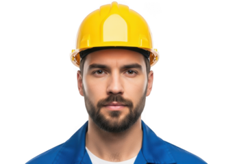Close up portrait of a serious construction worker wearing a bright yellow hard hat and blue work uniform isolated on transparent background