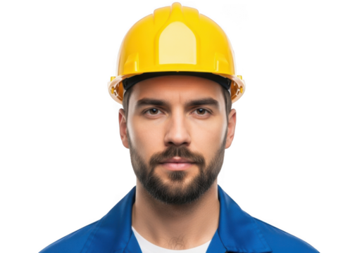 Close up portrait of a serious construction worker wearing a bright yellow hard hat and blue work uniform isolated on transparent background - Powered by Adobe