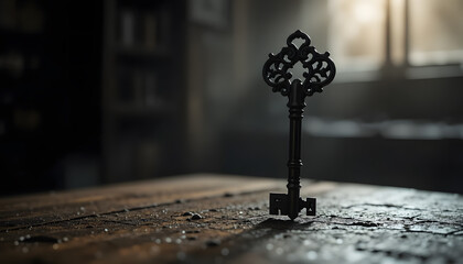 The Key of Antiquity: An ornate, vintage key stands poised atop a weathered wooden table, illuminated by a beam of light.
