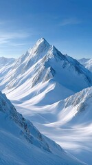 Fototapeta premium Majestic Alpine Mountain Range Covered In Crisp Snow Under A Clear Blue Sky With Bright Sunlight Illuminating The Rugged Peaks And Valleys