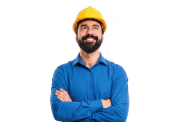 Smiling construction worker wearing a yellow hard hat and blue collared shirt with arms crossed isolated on transparent background