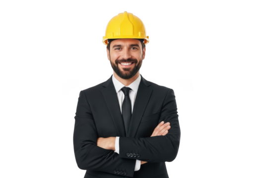 Smiling bearded man wearing yellow hard hat and dark suit with arms crossed isolated on transparent background