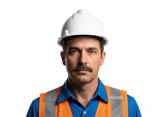 Serious male construction worker wearing white hard hat and orange safety vest isolated on transparent background