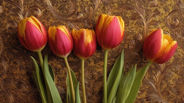 Five tulips with red and yellow petals, arranged in a row on a textured, ornate background.
