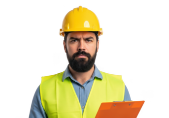 Serious bearded construction worker wearing yellow hard hat and high visibility vest holding orange clipboard isolated on transparent background