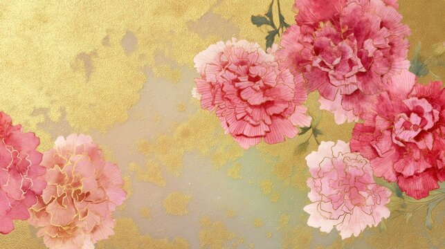 A watercolor painting of pink and red peonies on a gold background with a textured, aged paper effect.