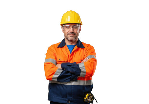 A confident male construction worker wearing a yellow hard hat and high visibility safety vest with arms crossed isolated on transparent background - Powered by Adobe