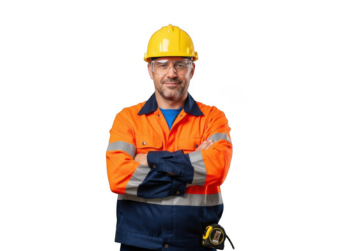A confident male construction worker wearing a yellow hard hat and high visibility safety vest with arms crossed isolated on transparent background