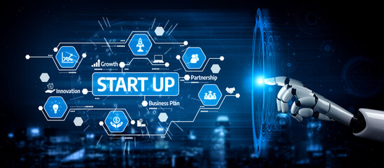 A digital representation of a startup environment showcasing innovation and growth. A robotic hand interacts with technology icons, symbolizing future potentials in business planning. Tessel