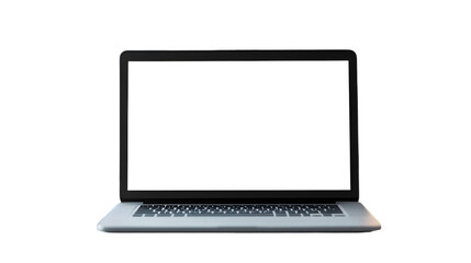 A laptop with a blank white screen sits against a stark black background in clear studio lighting