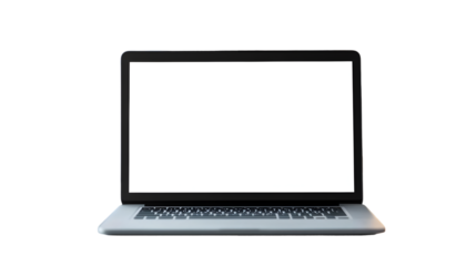 A laptop with a blank white screen sits against a stark black background in clear studio lighting