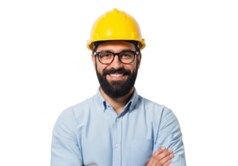 Smiling bearded man wearing yellow hard hat and glasses with arms crossed isolated on transparent background